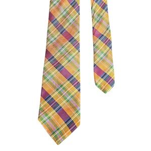 Brooks Brothers 346 Men's Pure Silk Plaid Necktie Orange Purple Green Blue‎